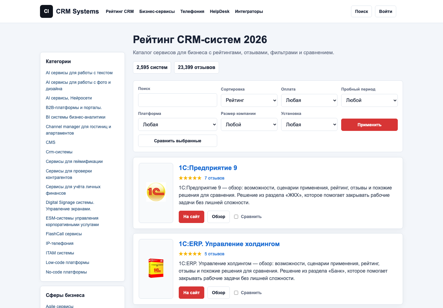 Каталог и рейтинг CRM Systems